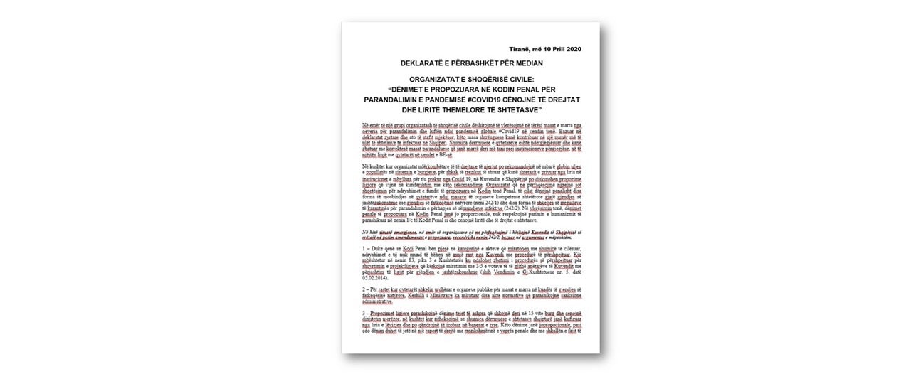 Deklaratë nga organizatat e shoqërisë civile: “Mbi dënimet e propozuara në kodin penal për parandalimin e pandemisë #Covid19”