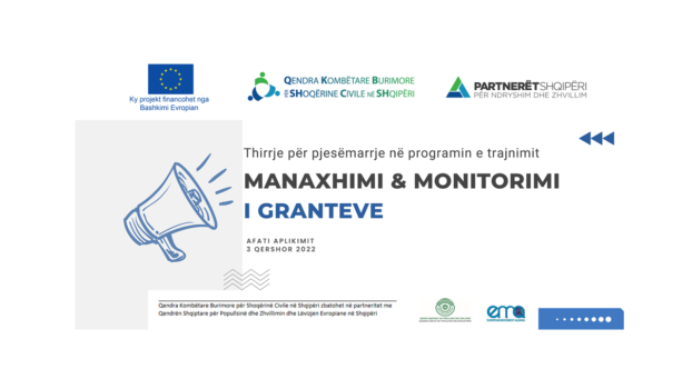 Thirrje për pjesëmarrje në programin e trajnimit – “Manaxhimi dhe monitorimi i granteve”
